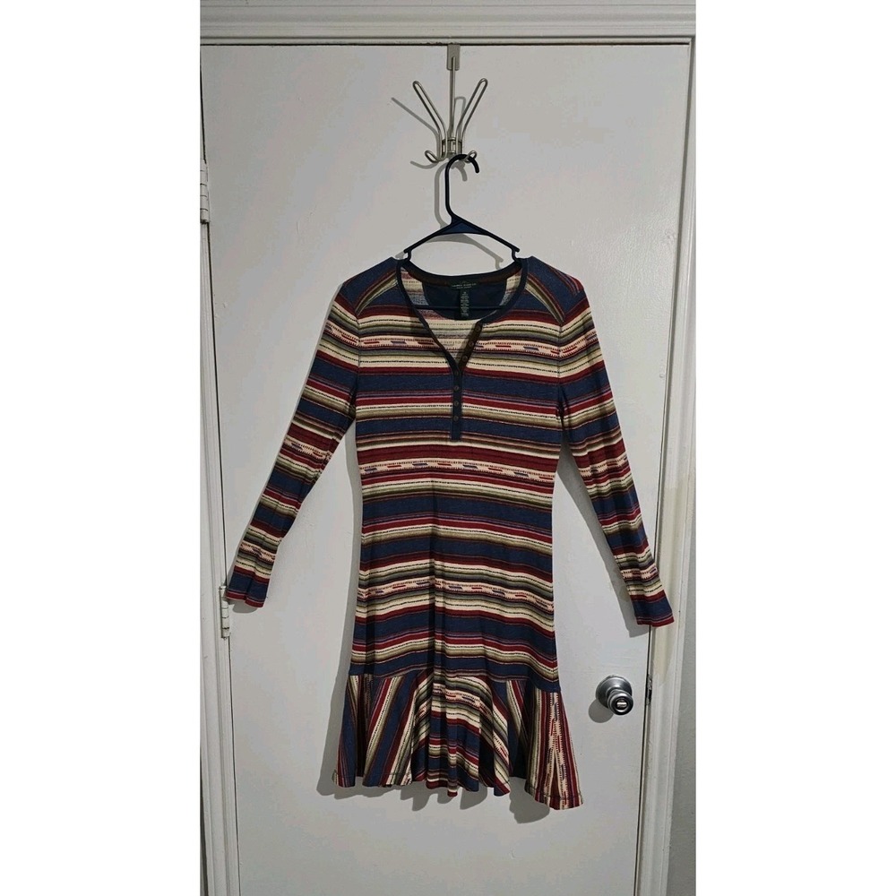 LRL Lauren Jeans Co. Dress Medium Brown Multi Stripe‎ Southwestern Aztec Preppy